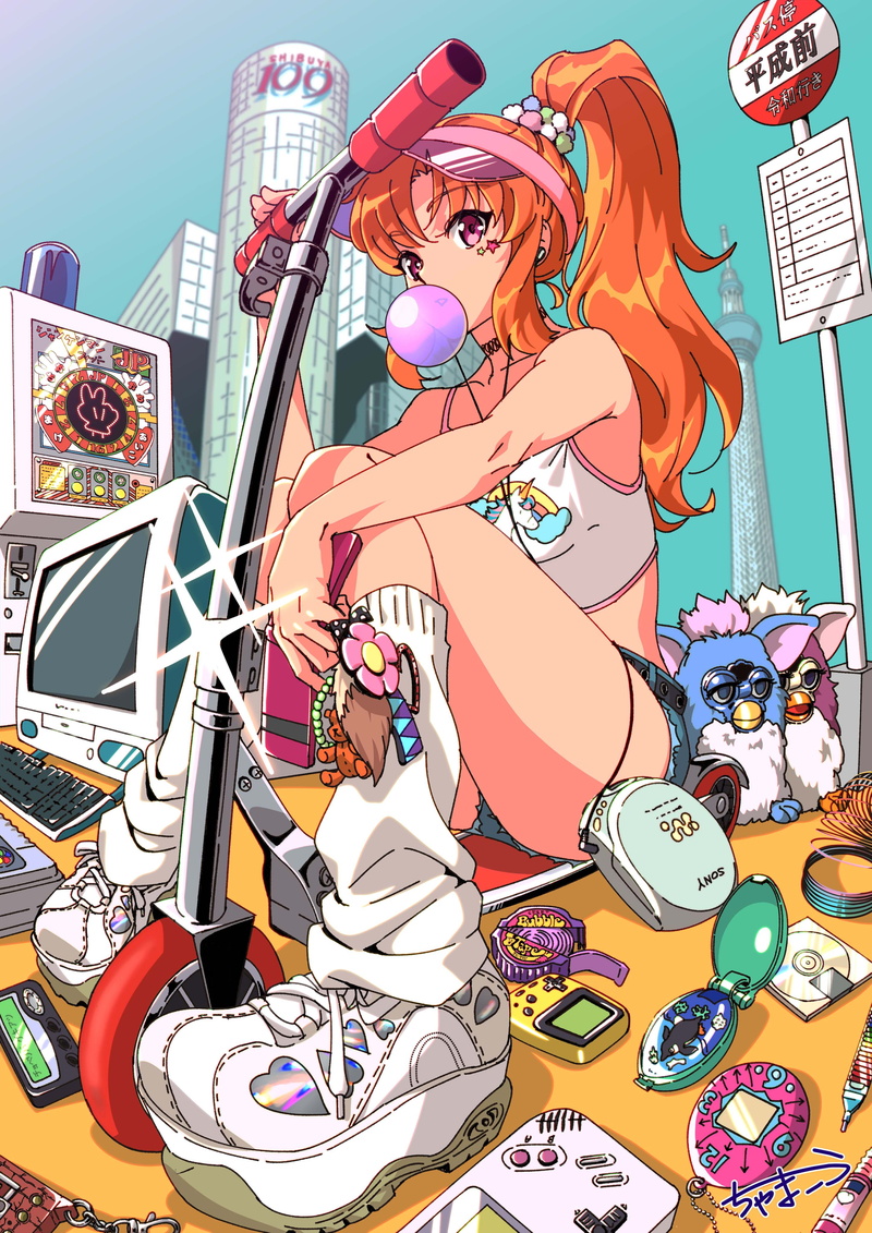 sitting, 4K, Chama Kou, heisei, fashion, original characters, bubble gum