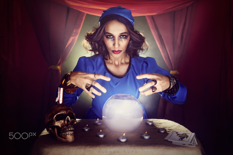 beautiful woman, indoors, illuminated, portrait, front view, lighting equipment, young adult, young women, crystal ball, skull, Alonso Soto, women, flame