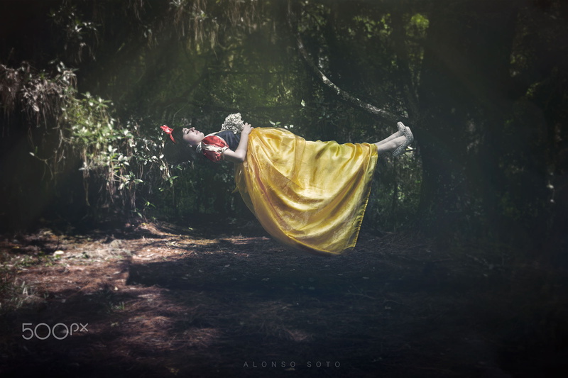 Alonso Soto, real people, 1080P, nature, mid-air, lifestyles, fantasy art, yellow, clothing, women, woodland, Snow White, outdoors, forest, 500px, land