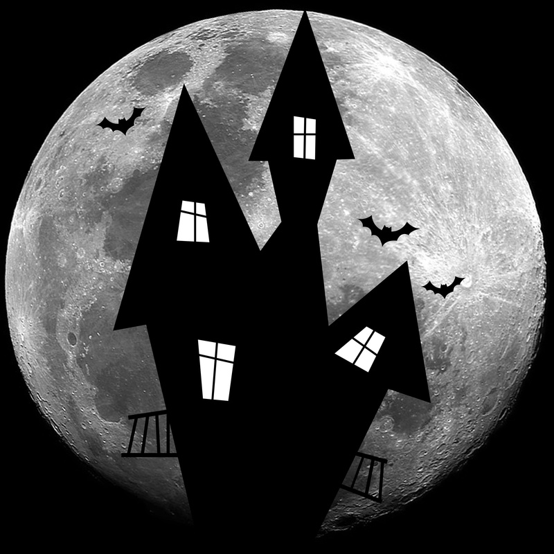 circle, the haunted house, outdoors, night, art and craft, decoration, 2K, decorations, shape, communication, halloween, sky, digital composite