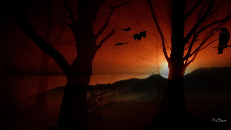 halloween, 1080P, dark, darkness, haunting, fire, mountains, trees, raven, clouds orange, fall, gothic, mist
