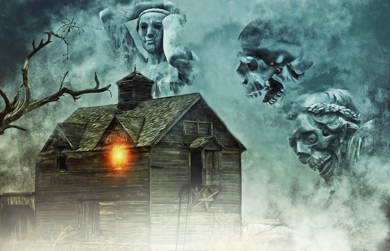 building exterior, spooky, clouds, building, ghosts, creativity, haunted, creepy, surreal, three, nature, mystery, architecture, built structure, spirituality