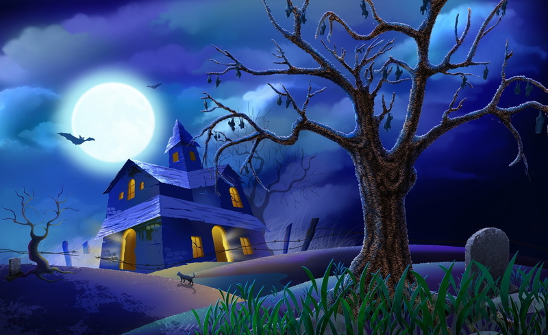 cloud - sky, Full, plant, 1080P, cat, Hallowmas, religion, Holidays, branch, haunted, digital, built structure, Bats, Moon, moonlight, building exterior