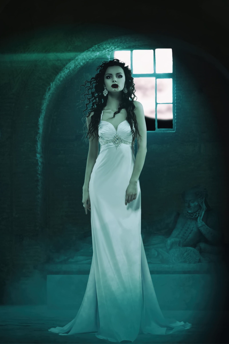 young adult, indoors, women, hairstyle, one person, fantasy, strap, contemplation, woman, dress, night, teenager, real people, spooky, gothic, beauty, vampire