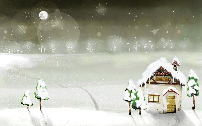 1920x1200, pine, snow, covered, winter, trees, illustration, night, 1080P, house, artistic