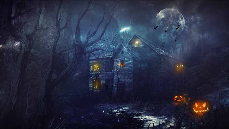 Halloween house, Pumpkins, Creepy, house, night, Bats, 2K, time, Moon, black, wooden, gray