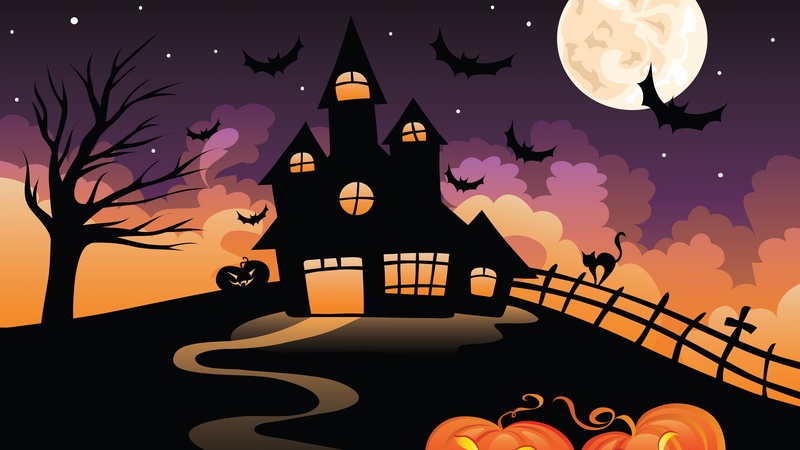 silhouette, castle, All Hallows Eve, full moon, house, hill, night, bats, All Saints Eve, Halloween, 5K, illustration, photo, themed, time