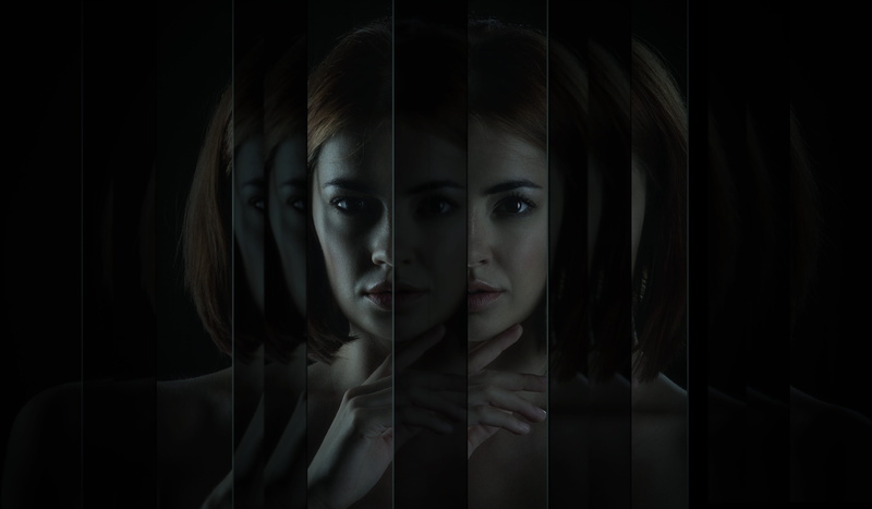 human face, spooky, young adult, fear, headshot, contemplation, girl, studio shot, cool, terrified, horror, sadness, emotion, black background, looking at camera