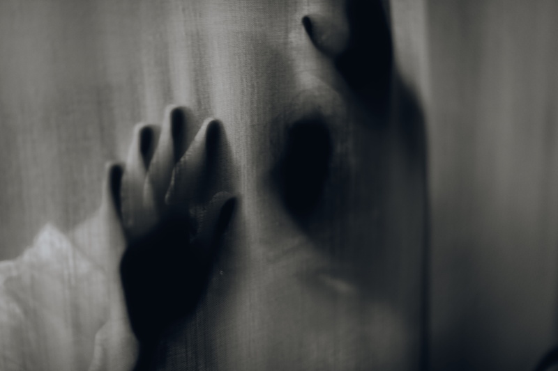 textile, shadow, emotion, indoors, dark, violence, human hand, glass - material, mystery, human limb, finger, terrified, horror, touching, curtain, ominous