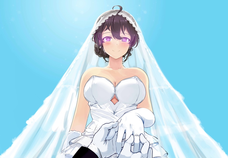 black, sanshio, original, miyaura, wedding, eyes, hair, attire, com, 2K, cleavage, gloves, beifeng, blush, han, konachan, cyan, 250845, purple, breasts
