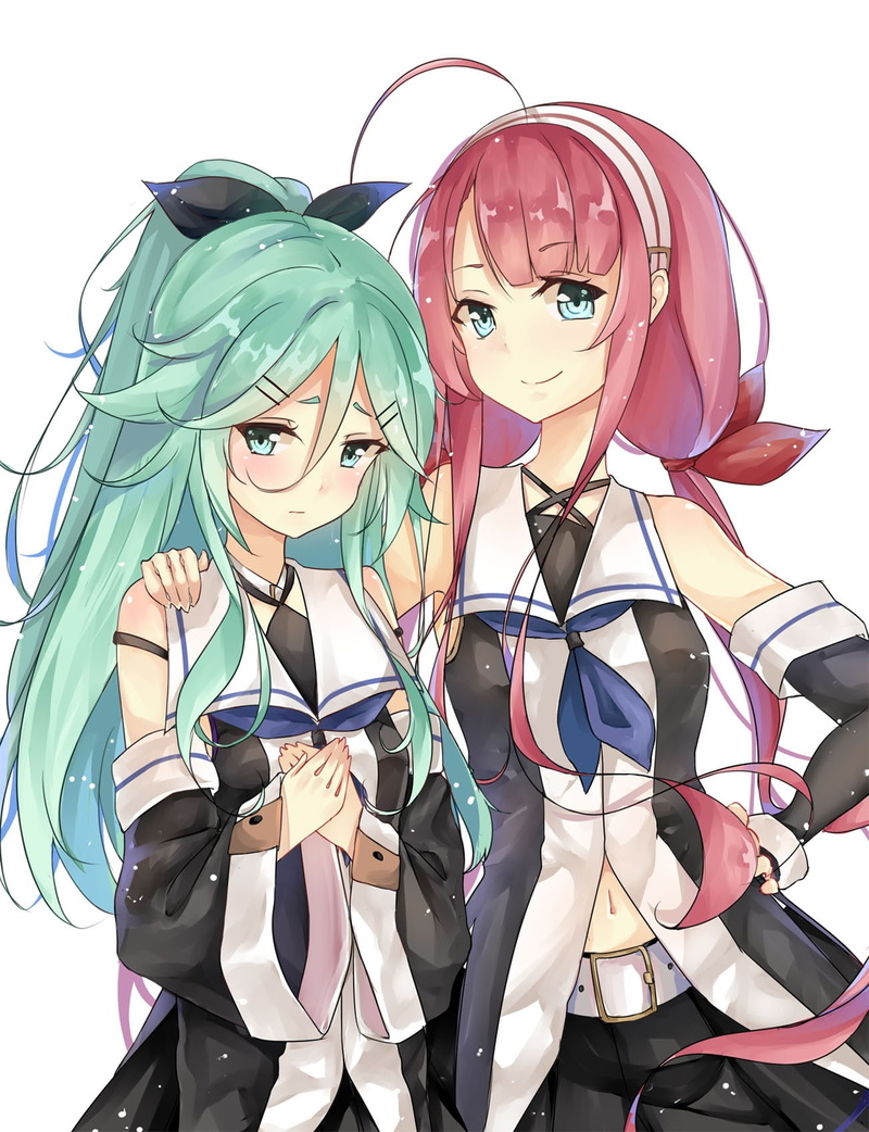 Akashi (KanColle), green hair, Yamakaze (KanColle), anime girls, Kantai Collection, redhead, long hair, 720P, blue eyes, anime