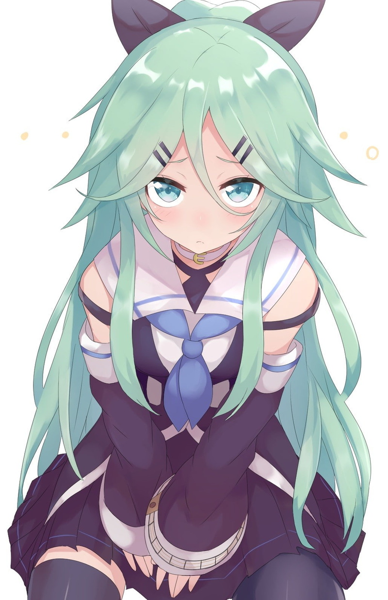 anime, hood - clothing, emotion, mask - disguise, disguise, aqua eyes, stockings, males, Yamakaze (KanColle), human body part, child, front view, aqua hair
