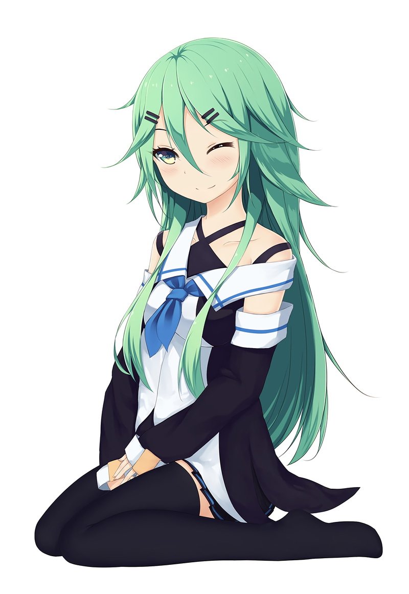 stockings, anime girls, Yamakaze (KanColle), anime, long hair, green eyes, Kantai Collection, green hair, 2K