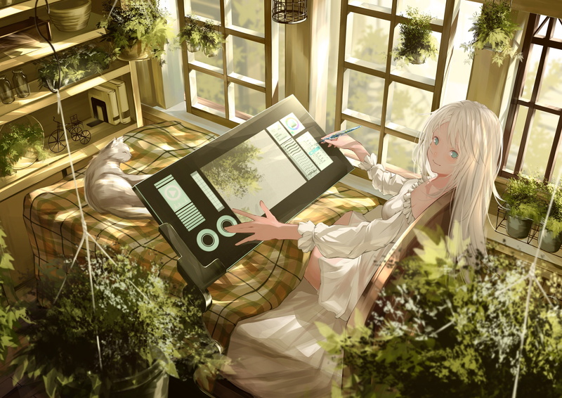 sunlight, technology, real people, one person, white dress, young women, communication, plant, computer, leisure activity, anime girl, casual clothing
