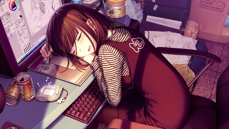 brunette, anime, monitor, keyboards, sleeping, Sayori, graphics tablets, anime girls, original characters, snacks, digital art, painting, computer, 1080P
