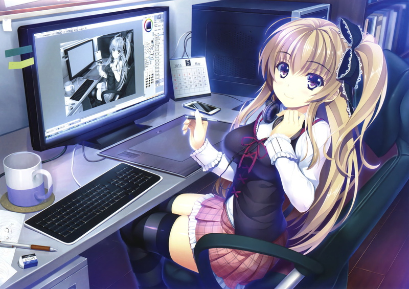 keyboards, graphics tablets, computer, thigh-highs, 2K, original characters, anime, skirt