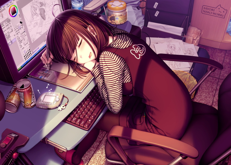 Sayori, anime girls, computer, keyboards, digital art, painting, brunette, monitor, original characters, sleeping, chair, 4K, graphics tablets, anime