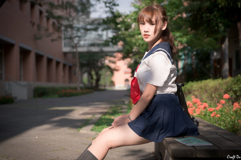 school uniform, one person, three quarter length, sitting, Asian, real people, 5K, young adult, nature, side view, contemplation, lifestyles, plant, casual clothing