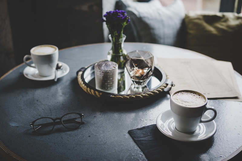 still life, interior, drink, tray, refreshment, hot drink, saucer, freshness, teacups, crockery, glasses, coffee - drink, two, mug, saucers, flower, candle