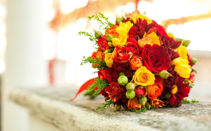 bouquet, orange, yellow, roses, flowers, 720P, red