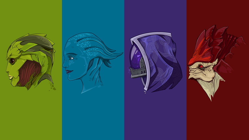 green color, purple, Drell, urdnot wrex, multi colored, 1080P, creativity, indoors, mass effect, Thane Krios, nature, asari, fan art, characters
