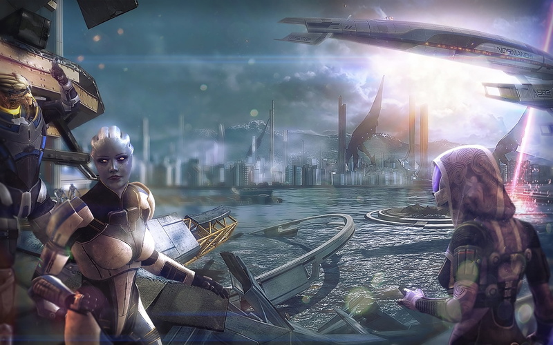 built structure, adult, liara t soni, fan art, building exterior, water, city, Tali, people, space ship, game, nautical vessel, asari, lifestyles, Reaper