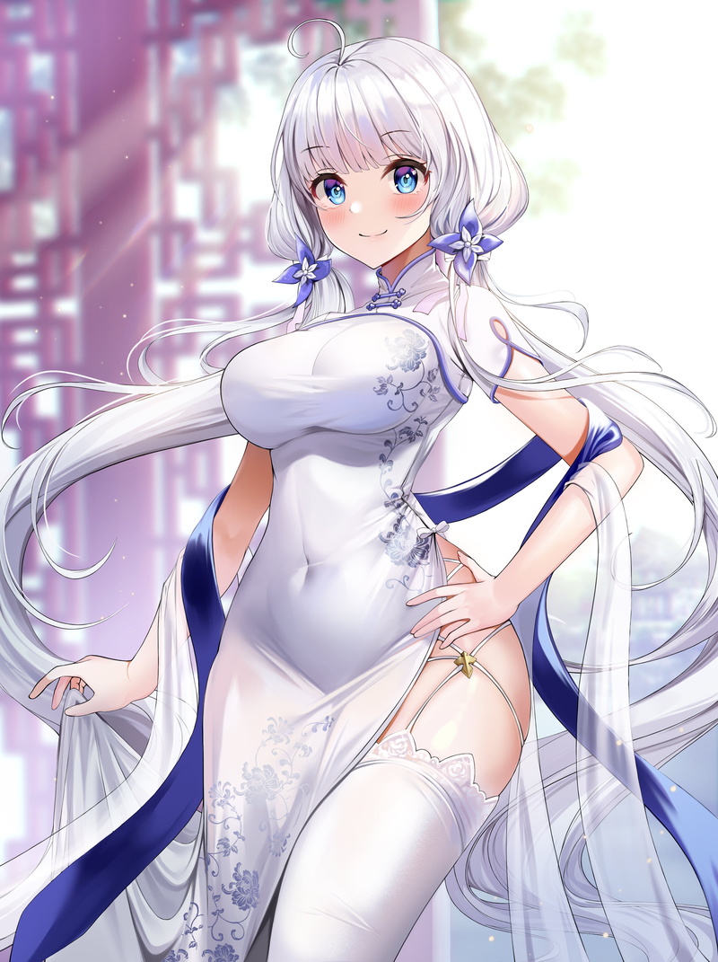 smiling, Foka, Azur Lane, Chinese dress, white hair, white stockings, long hair, Illustrious (Azur Lane), 4K, anime girls