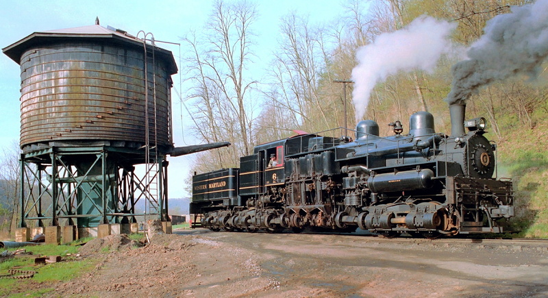 the windmill, railroad, filling with water, 2K, VA, Western Maryland, smoke, couples, Shay No. 6, the engine