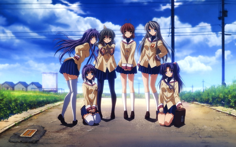 Ichinose Kotomi, outdoors, togetherness, transportation, road, nature, people, women, female, kneeling, standing, young adult, 1080P, Clannad, Sakagami Tomoyo