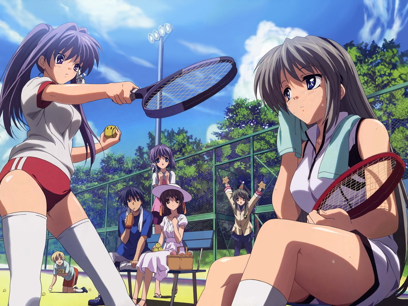 Clannad, Boy, Dress, Girl, Tomoyo Sakagami, Tomoya Okazaki, Shorts, Ryou Fujibayashi, White Dress, 1080P, Sitting, Nagisa Furukawa, Kyou Fujibayashi, Youhei Sunohara