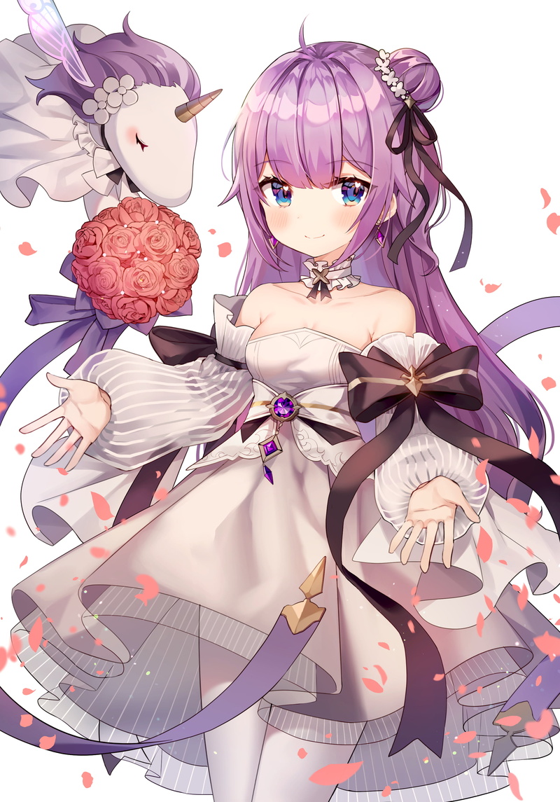 white dress, purple hair, 2K, blue eyes, Unicorn (Azur Lane), roses, Black Ribbon, Azur Lane