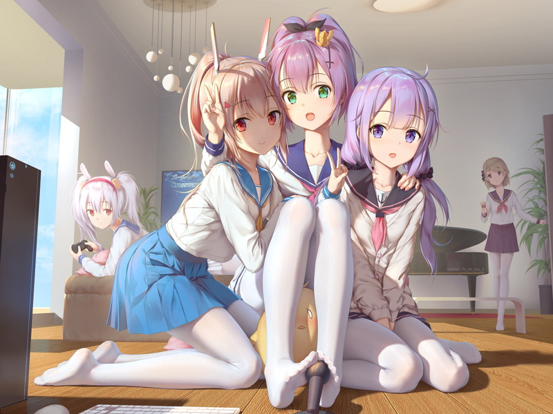 Azur Lane, Z23 (Azur Lane), anime girls, Unicorn (Azur Lane), animal ears, anime, legs, Laffey (Azur Lane), 1080P, white pantyhose, bunny ears, white stockings