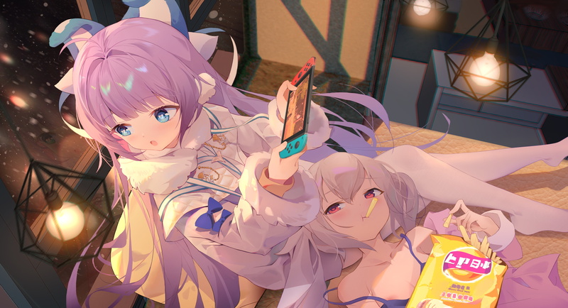 blue eyes, Azur Lane, red eyes, Nintendo Switch, potato chips, grey hair, 4K, Laffey (Azur Lane), Tashkent (Azur lane), pink hair