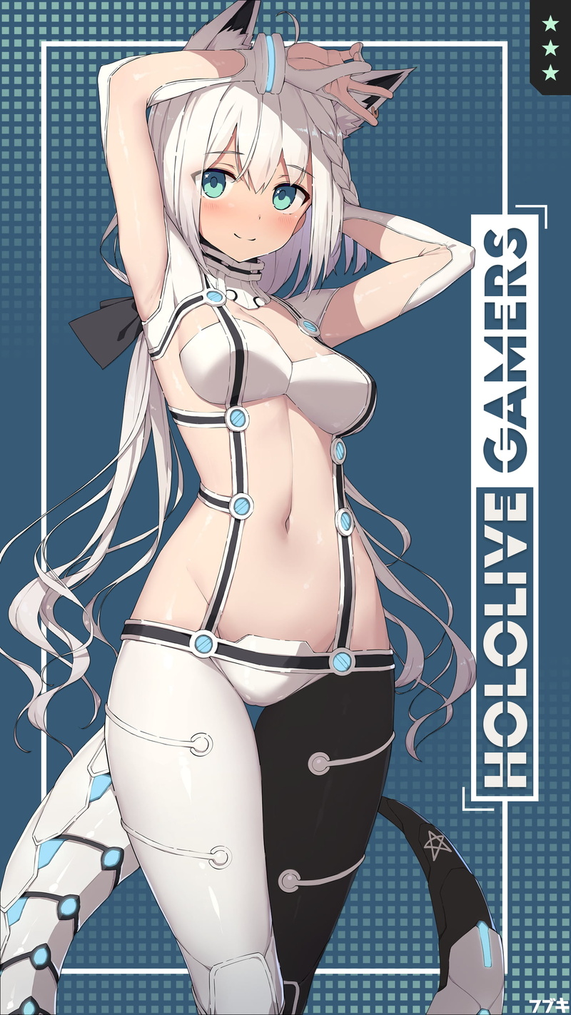 smiling, digital art, Shirakami Fubuki, tail, 2D, Virtual Youtuber, fox ears, Hololive, fox girl, Kurokami Fubuki, 2K, white hair, artwork
