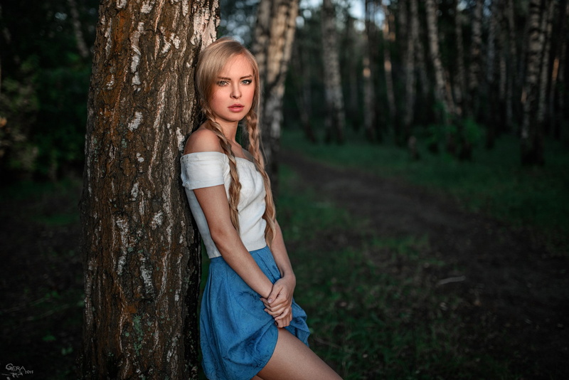 women, 1080P, lifting skirt, model, pigtails, blonde, bare shoulders, braids, women outdoors, blue skirt