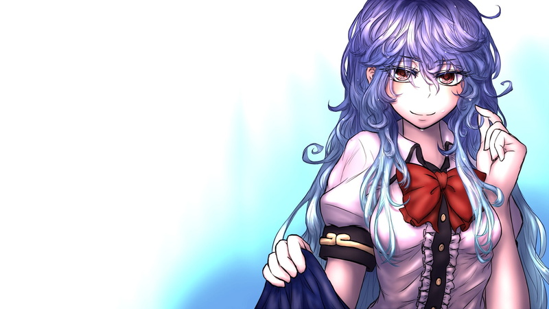front view, red eyes, young adult, peaches, smiling, young women, looking at camera, Hinanawi Tenshi, wet, lifestyles, studio shot, long hair, costume