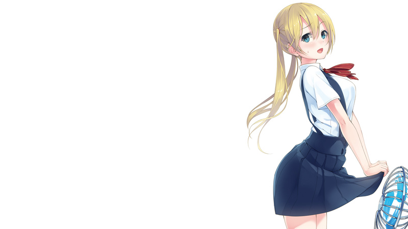 lifting skirt, school uniform, ribbons, blush, long hair, aqua eyes, blonde, 2K, twintails