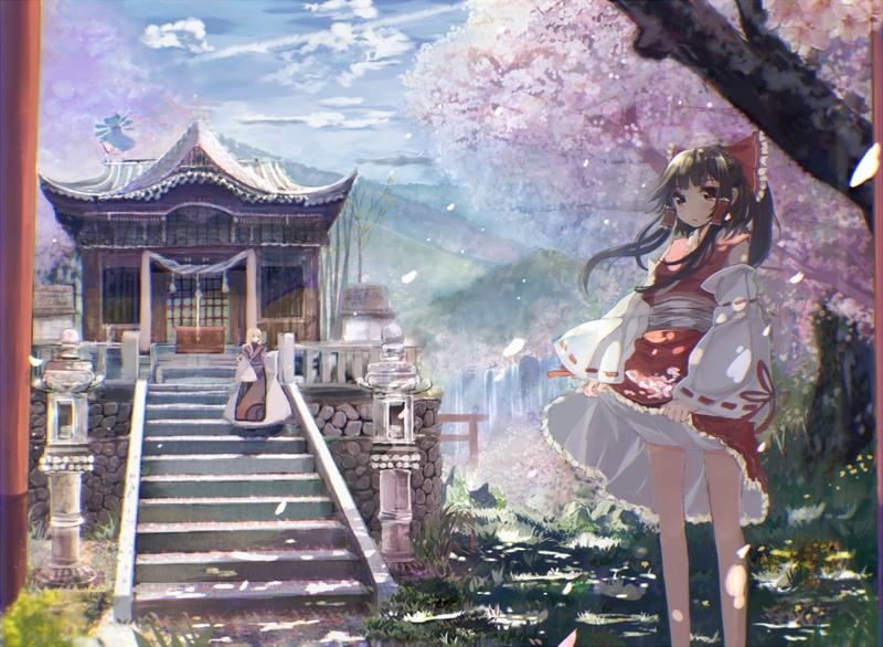 bou, touhou, 720P, petals, blossoms, skirt, yakumo, yukari, cherry, shaku, reimu, lift, cirno, stairs, hakurei
