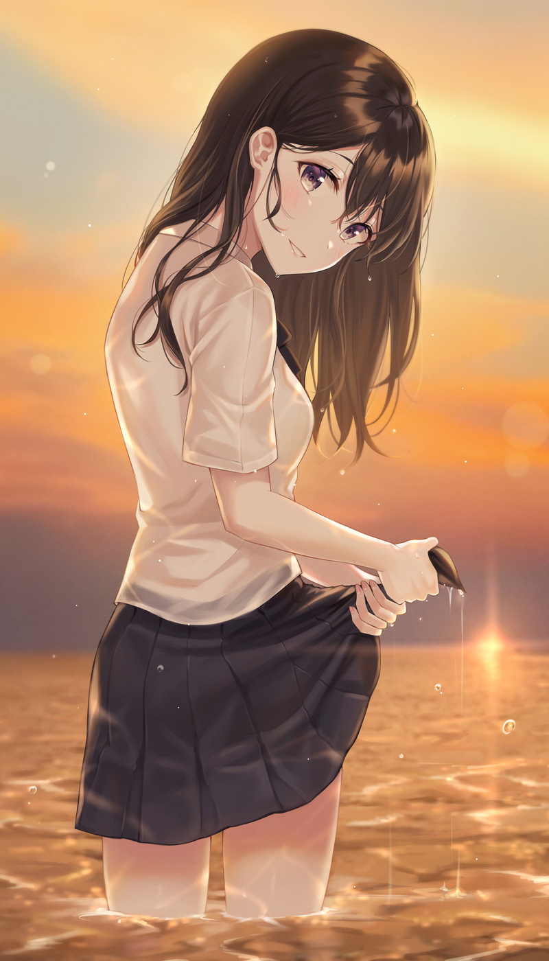 lifting skirt, wet clothing, anime, standing in water, brunette, Tokkyu (artista), vertical, looking at viewer, 4K, anime girls
