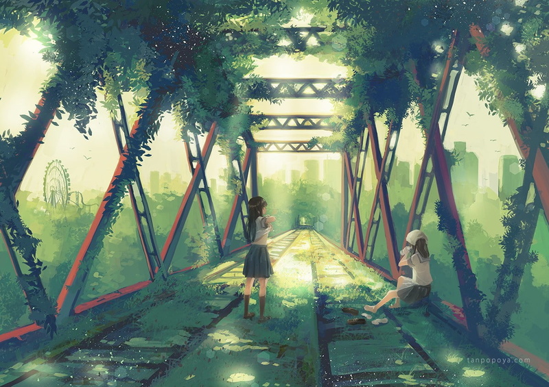 skirt, lifting shirt, grass, ruins, undressing, drink, 480P, sun rays, school uniform, anime girls, leaves, socks