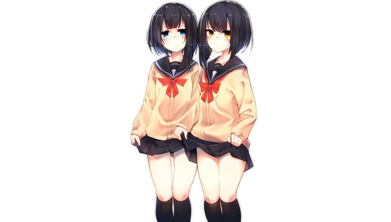 hair, seifuku, eyes, kneehighs, 1080P, yellow, short, aqua, white, black, original, otokuyou, girls, lift, skirt, blush, twins