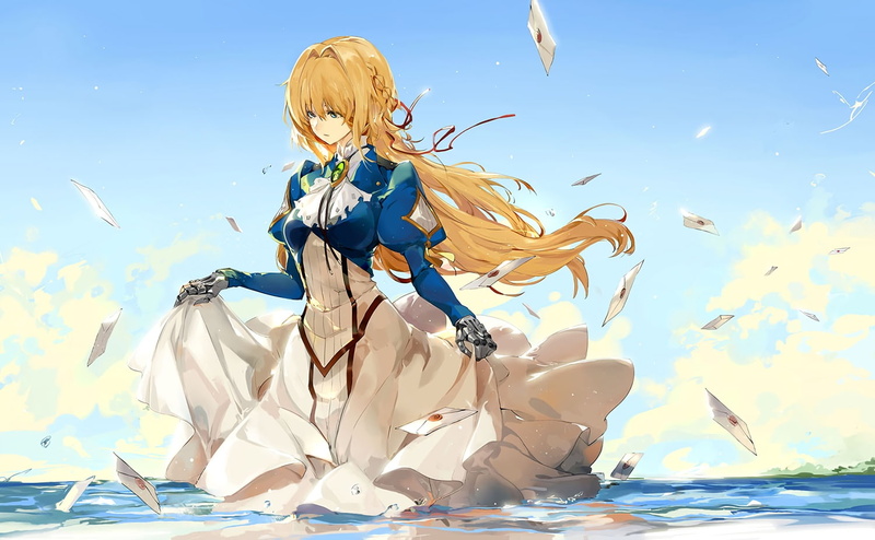 (character), blonde, skirt, clouds, long, aqua, gloves, sky, 720P, lift, hair, konachan, eyes, paper, violet, 257990, com, braids, techgirl, water, evergarden