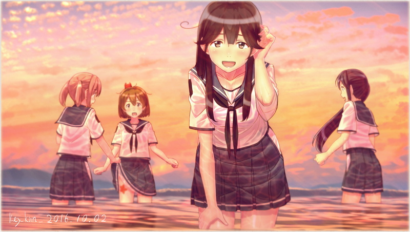wet, skirt, com, twintails, kun, 2K, brown, blush, eyes, ponytail, konachan, long, key, signed, seifuku, water, short, clouds, sky, hair, 257979, pink