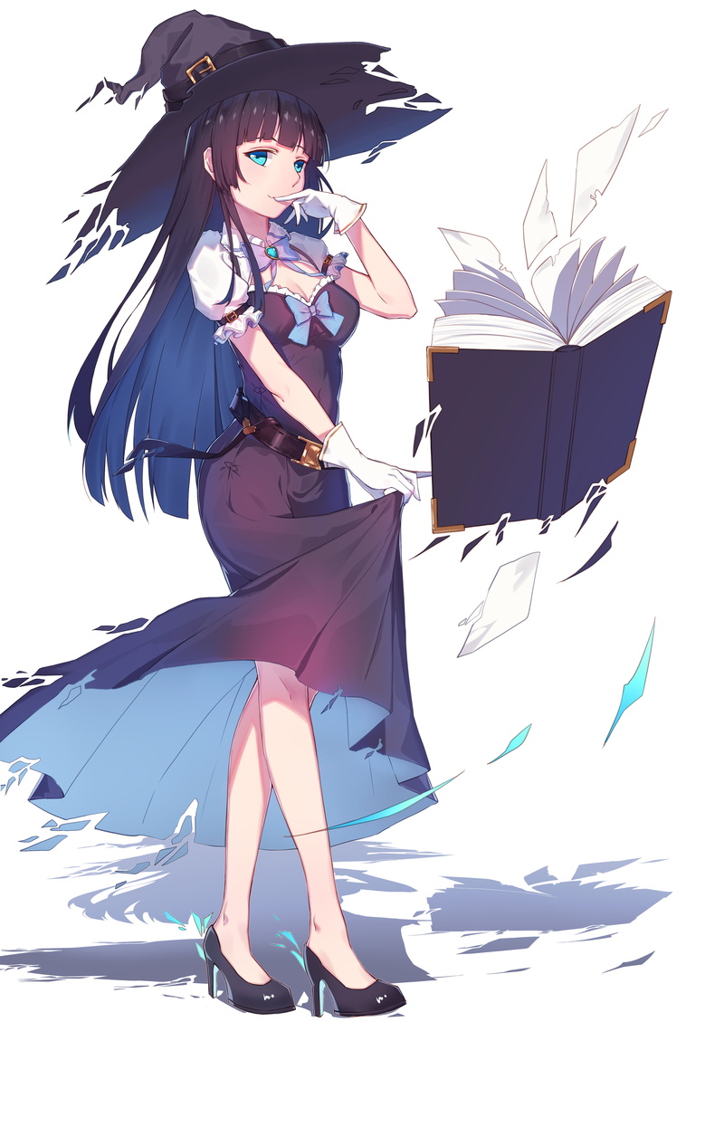 5K, lifting skirt, blue eyes, anime girls, witch, long hair, witch hat, anime, white background