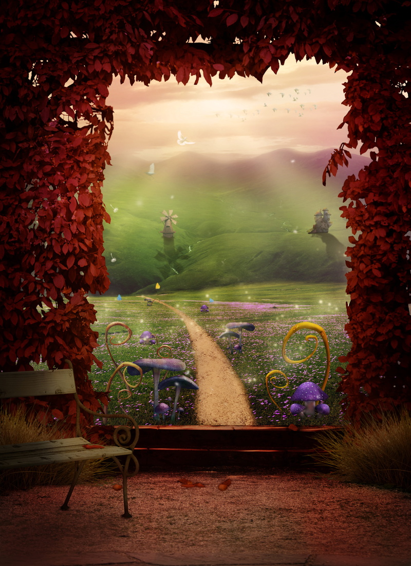 fairytale, waterfall, landscape, outlook, built structure, 5K, flower meadow, night, mushrooms, hedge, emotion, nature, gorgeous, creativity, mountains