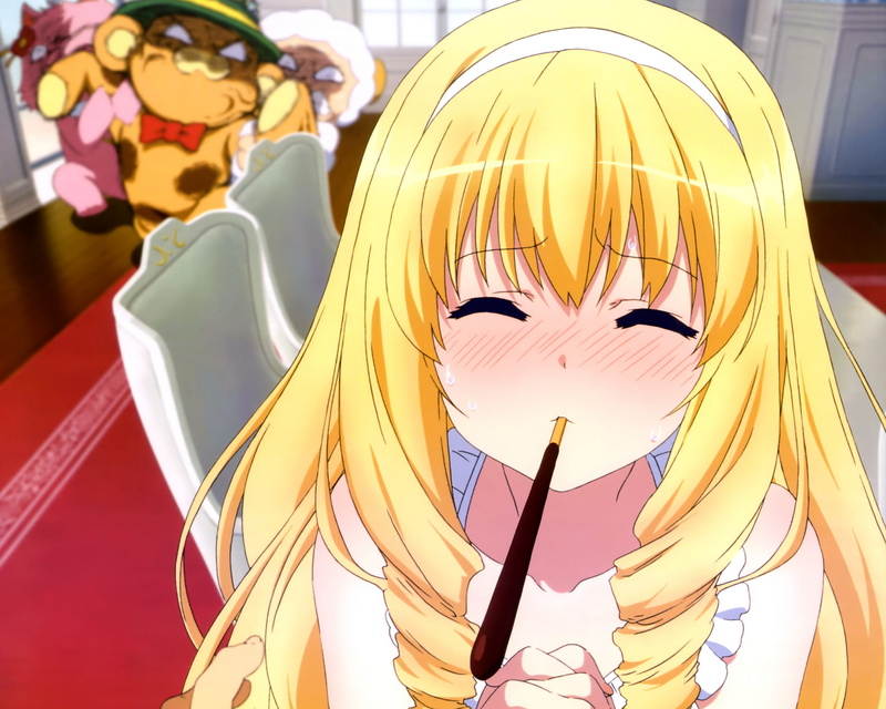 female likeness, design, Blonde, human representation, Amagi Brilliant Park, 1080P, still life, Anime, pattern, celebration, Long Hair, yellow, craft