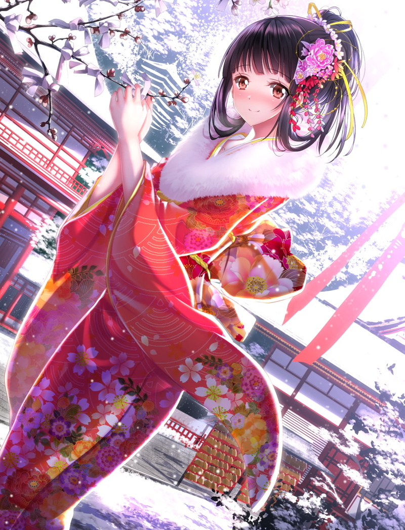 Swordsouls, artwork, anime, 720P, Anime Girls, winter, Kobori (Amagi Brilliant Park), kimono, snow, Amagi Brilliant Park, Hair Ornament