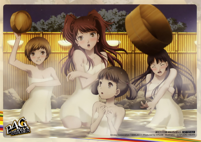 kujikawa, brown, water, onsen, long, blush, group, amagi, yukiko, black, towel, logo, rise, hair, short, eyes, twintails, persona, 2K