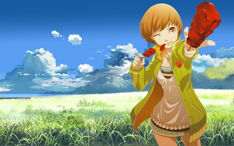 x, chie, short, 720P, persona, art, series, hair, hd, brunettes, nature, fields, satonaka