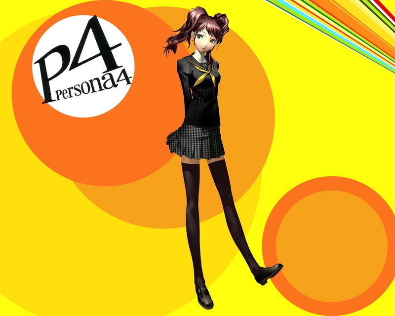 yellow, adult, text, communication, sign, Girl, cartoon, one person, yellow background, Brunette, circle, Persona 4, Background, geometric shape, Kujikawa rise
